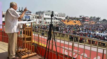 CPI(M) Politburo member Prakash Karat addresses a public meeting at Swami Vivekananda Maidan, in Agartala, Thursday, Feb. 24, 2022. (PTI Photo)