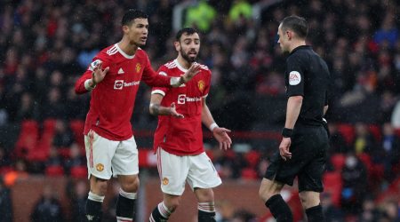 Manchester United's Cristiano Ronaldo remonstrates with referee Stuart Attwell after a goal is disallowed following a VAR review (Source: Reuters)