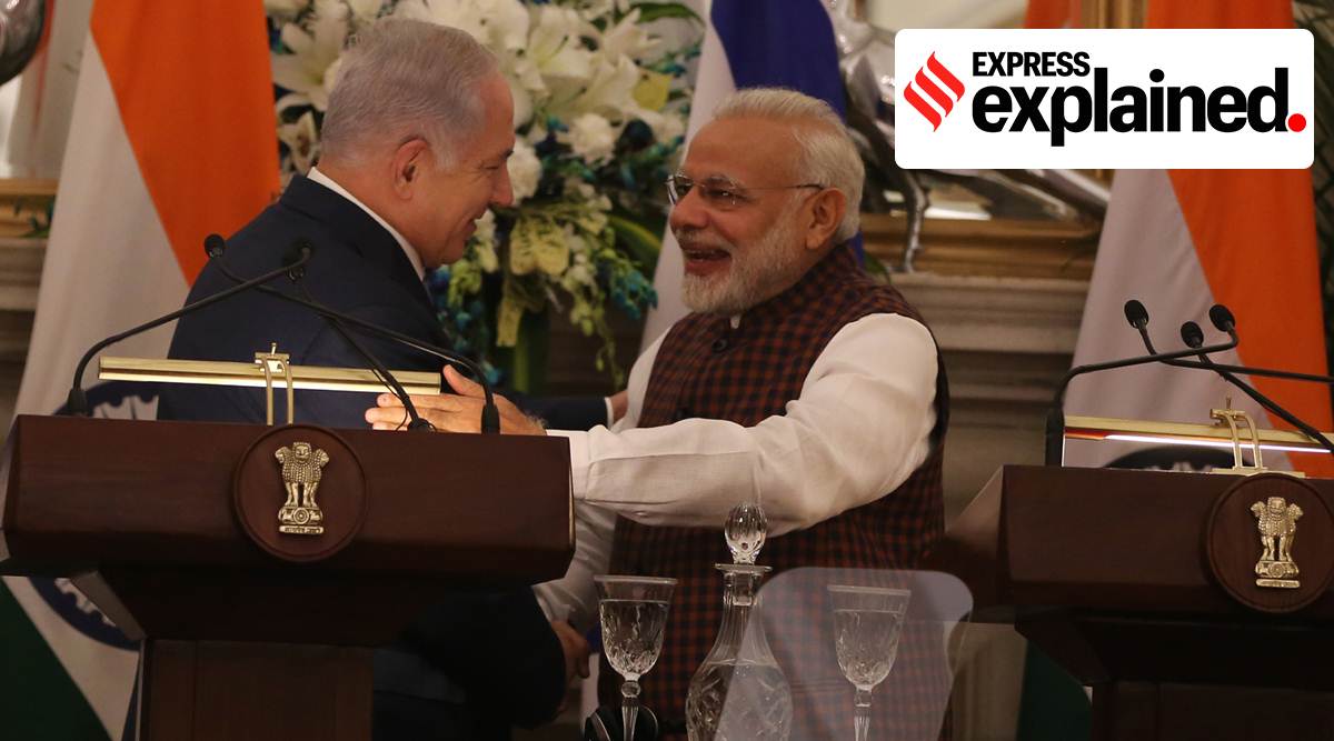 Prime Minister Narendra Modi with then Israeli PM Benjamin Netanyahu in New Delhi during the latter’s India visit in 2018. (Express Archive)