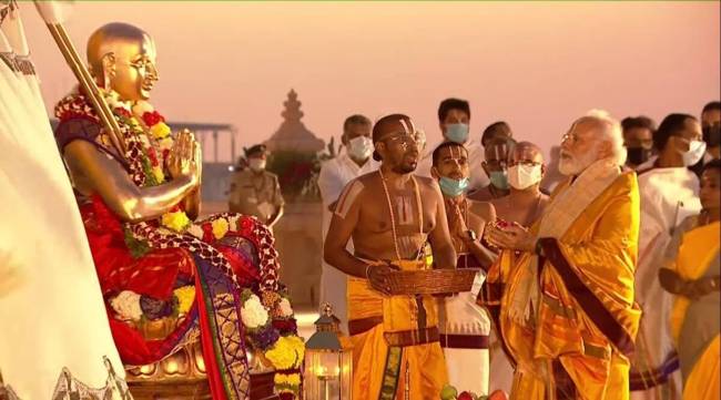 The 216-feet tall ‘Statue of Equality’ commemorating the 11th-century Bhakti Saint Sri Ramanujacharya in Telangana’s Shamshabad (Screengrab)