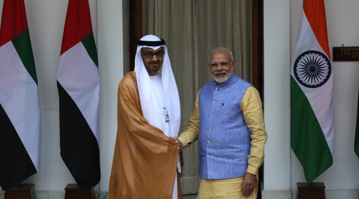 PM Narendra Modi shakes hands with Sheikh Mohamed bin Zayed al Nahyan in New Delhi in 2017. (Express Photo: Tashi Tobgyal, File)