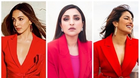 red pantsuit, bollywood fashion