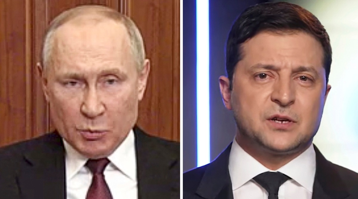 Russian President Vladimir Putin, left, speaks in Moscow and Ukrainian President Volodymyr Zelenskyy speaks in Kyiv. (Russian Presidential Press Service and Ukrainian Presidential Press Office via AP)