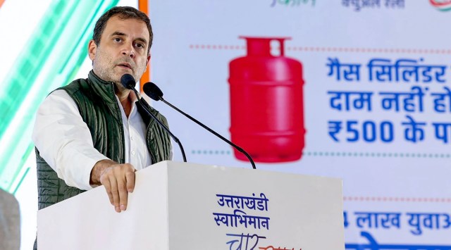Congress leader Rahul Gandhi speaks during the 'Uttarakhandi Swabhiman Rally' ahead of the Uttarakhand Assembly elections, in Haridwar, Saturday, Feb. 5, 2022. (PTI Photo)