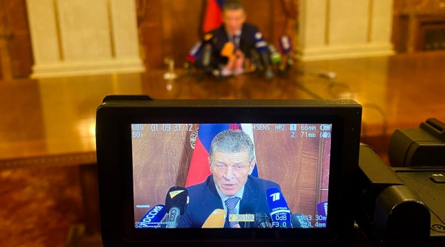 Deputy Chief of Staff of the Presidential Executive Office Dmitry Kozak addresses the media during a news conference at the Russian embassy in Berlin, Germany, February 11, 2022. (AP)