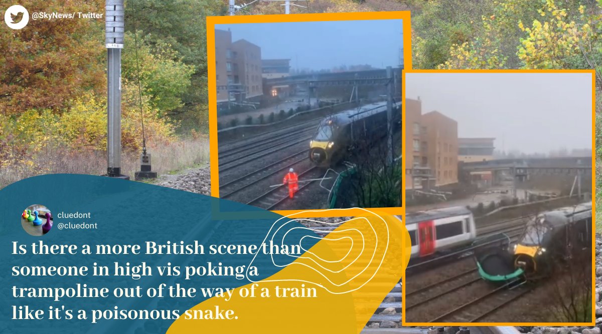 trampoline, Storm Dudley, trampoline hits train, wales trampoline blown onto tracks, trained delayed for flying trampoline, indian express,