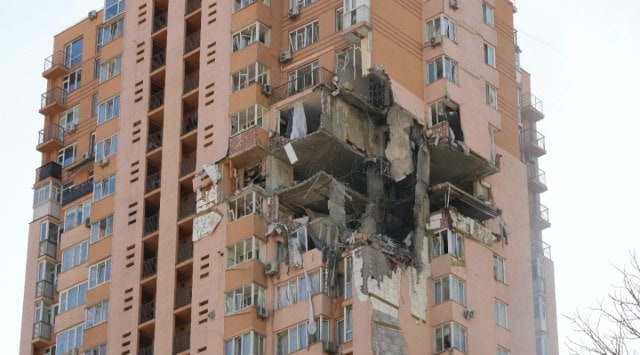 An apartment building damaged following a rocket attack on the city of Kyiv, Ukraine, Saturday, Feb. 26, 2022. (AP)