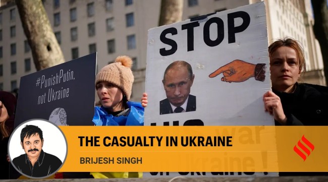 Demonstrators protest Russia's military action in Ukraine on Thursday, Feb. 24, 2022. (AP Photo)


