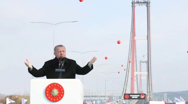 Turkish President Tayyip Erdogan attends opening ceremony of the 1915 Canakkale Bridge over the Dardanelles, in Canakkale, Turkey March 18, 2022. Presidential Press Office/Handout via REUTERS