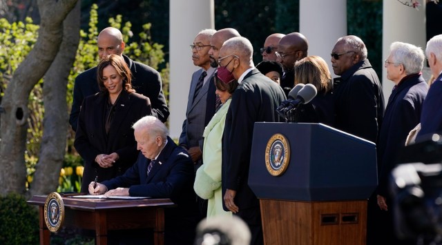President Joe Biden signs the Emmett Till Anti-Lynching Act in the Rose Garden of the White House, Tuesday, March 29, 2022, in Washington. (AP)