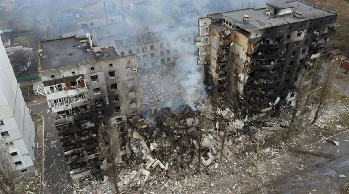 An aerial view shows a residential building destroyed by shelling, as Russia's invasion of Ukraine continues, in the settlement of Borodyanka in the Kyiv region, Ukraine (Reuters Photo)