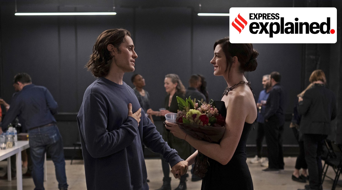 This image released by Apple TV+ shows Jared Leto, left, and Anne Hathaway in a scene from the limited series "WeCrashed," about the rise and fall of WeWork. (AP)