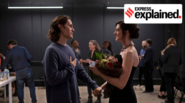 This image released by Apple TV+ shows Jared Leto, left, and Anne Hathaway in a scene from the limited series "WeCrashed," about the rise and fall of WeWork. (AP)
