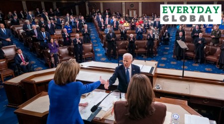 President Joe Biden shakes hands with Speaker of the House Nancy Pelosi, after delivering his first State of the Union address to a joint session of Congress at the Capitol, Tuesday, March 1, 2022, in Washington. (AP)