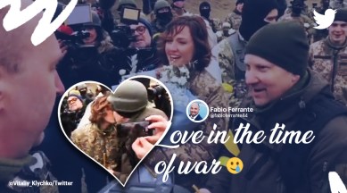 Ukrainian couple getting married, Ukrainian soldiers getting married, Kyiv, Ukraine-Russia war, indian express