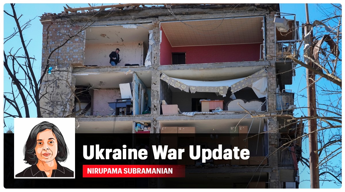 A man walks in his apartment ruined after the Russian shelling in Kyiv, Ukraine, Monday, March 21, 2022. (AP)