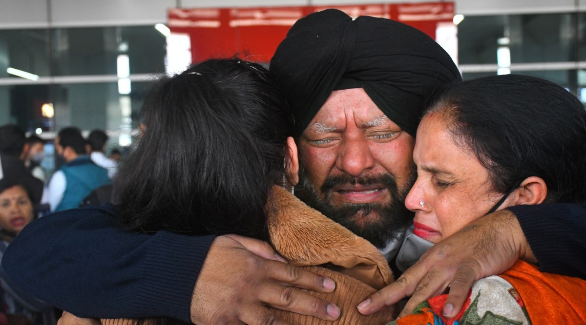 Aanchal Sharma hugs her mother after returning from Ukraine on Saturday.  (Jaipal Singh)
