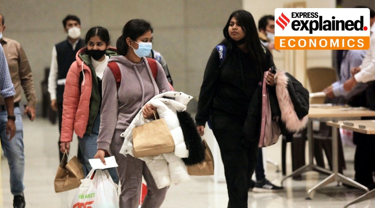 Indian students who were stranded in Ukraine land in Mumbai from Bucharest. (Express Photo: Pradip Das)