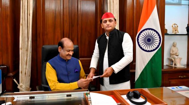 Akhilesh Yadav submits his resignation to Speaker Om Birla on Tuesday. (Express  Photo)