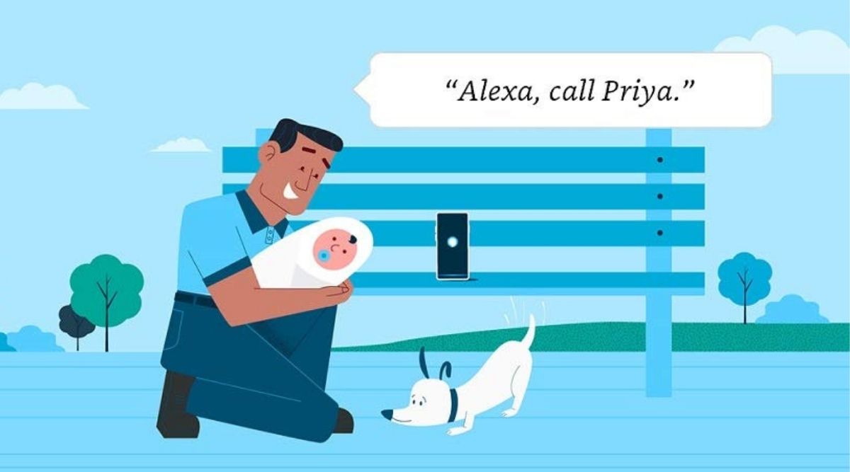 An illustration of a man kneeling and holding a baby next to a dog, while giving a command to Alexa on his android smartphone, "Alexa, call Priya".