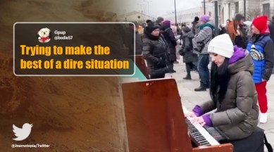 woman plays piano in Ukraine, What a wonderful world, pianist plays music while people flee Ukraine, Russia-Ukraine, Lviv, indian express