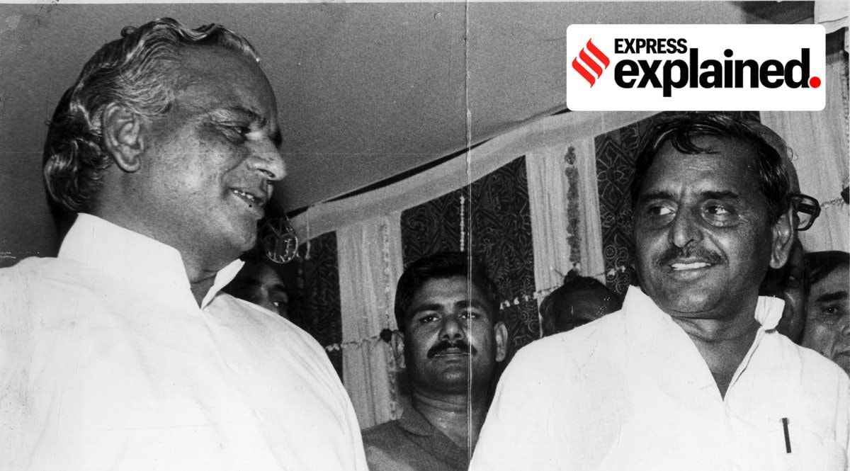 In Lucknow in 1991, two of UP's tallest OBC leaders: outgoing CM Mulayam Singh Yadav and his successor Kalyan Singh. (Express Archive/ R K Sharma)