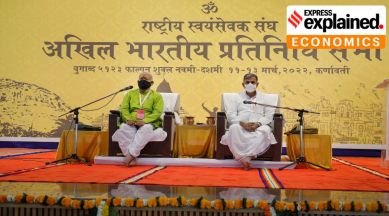 Rashtriya Swayamsevak Sangh (RSS) Chief Mohan Bhagwat during the inauguration ceremony of three day (pratinidhi) representatives meeting, in Ahmedabad district. (PTI)