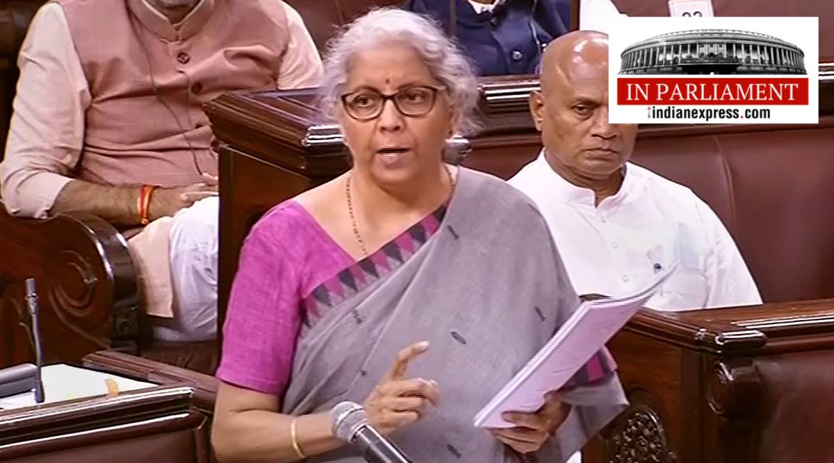 Finance Minister Nirmala Sitharaman speaks in the Rajya Sabha during the second part of Budget Session of Parliament. (PTI)