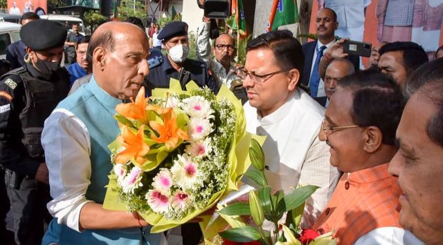  Uttarakhand CM Pushkar Singh Dhami welcomes Defence Minister Rajnath Singh in Dehradun. (PTI)