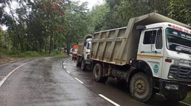 Vehicles stranded at the NH-2 along Manipur-Nagaland border, following the indefinite bandh called by the SAPO. (Express photo)
