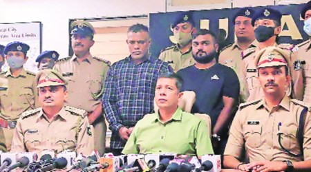 Additional commissioner of police Sharad Singhal with Sajju Kothari and Samir Shaikh.  (Express Photo)