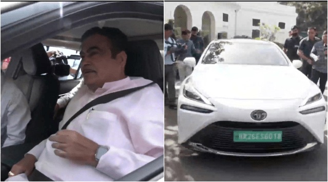 Union Transport Minister Nitin Gadkari arrives at Parliament in a green hydrogen-powered Toyota Mirai. (ANI)
