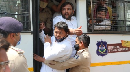 Police detain Congress workers in Gandhinagar. (Express Photo)