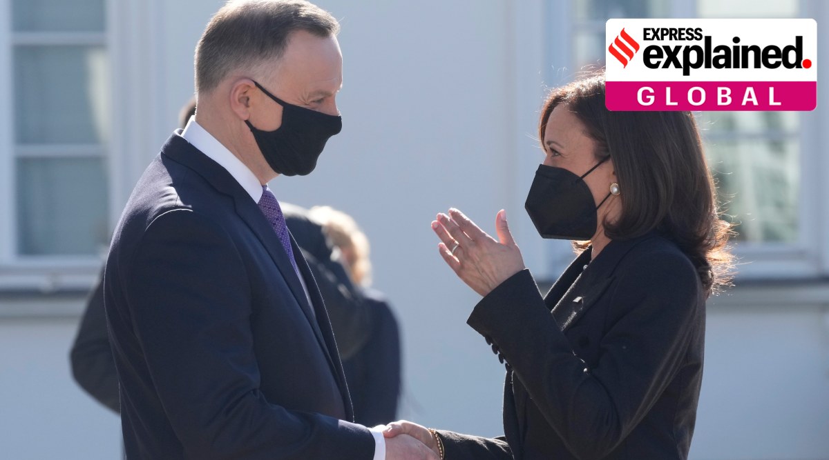 US Vice President Kamala Harris is greeted by Polish President Andrzej Duda during their meeting in Warsaw, Thursday, March 10, 2022. (AP Photo/Czarek Sokolowski)


