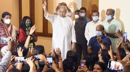 Biju Janata Dal president and Odisha chief minister Naveen Patnaik with party members after the BJD’s victory in the ULB polls (Express photo)
