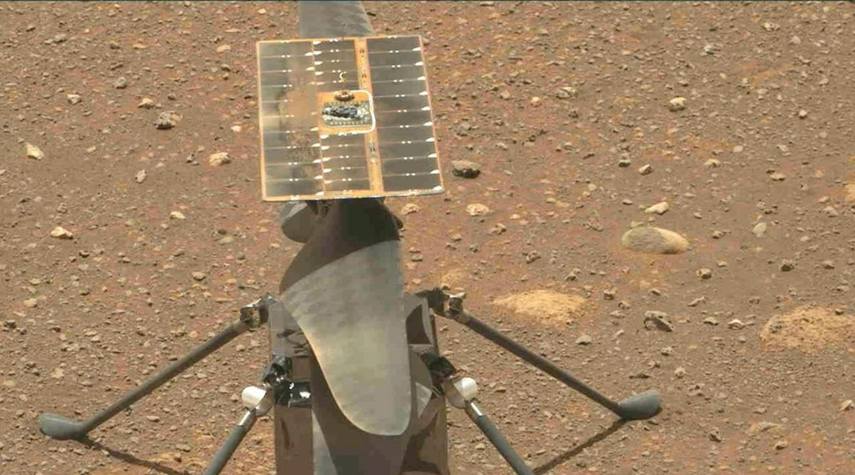 The Ingenuity Mars Helicopter’s carbon fibre blades are performing a wiggle test before spin-up in this screencap of a video taken by the Mastcam-Z instrument aboard the Perseverance Rover (Image credit: NASA/JPL-Caltech/ASU)