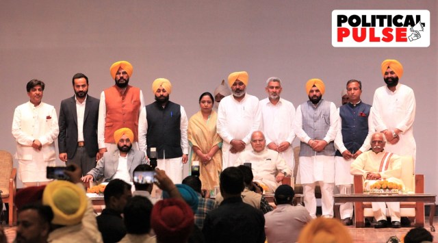 Ten Cabinet ministers with Punjab CM, Punjab Governor and Haryana Governor take oath at Punjab Raj Bhawan in Chandigarh on Saturday, March 19 2022. (Express Photo by Jaipal Singh)