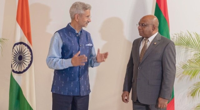 External Affairs minister S Jaishankar with Maldives Foreign minister Abdulla Shahid at the Addu City on Saturday. (Photo: Twitter)