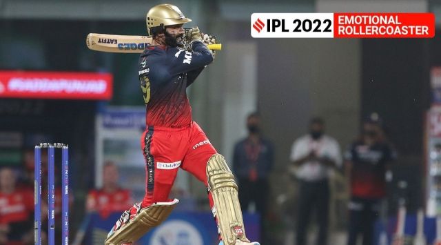Dinesh Karthik of Royal Challengers Bangalore plays a shot in the match against Punjab Kings. (Photo by Rahul Gulati / Sportzpics for IPL)