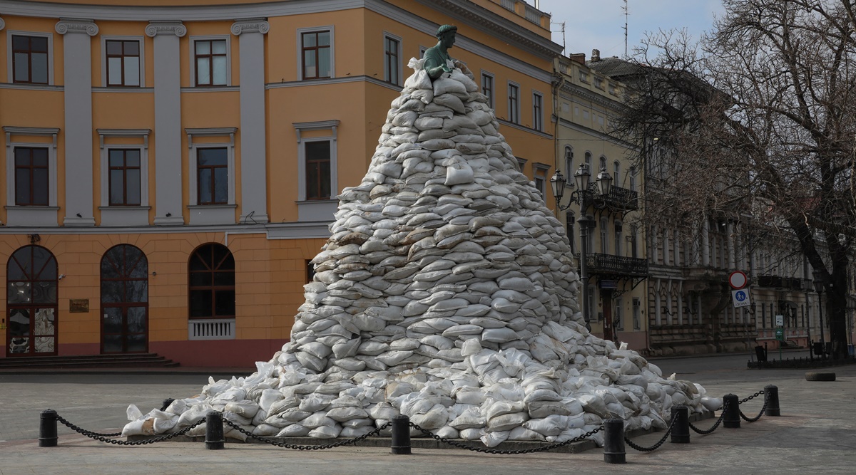 Monument of city founder Duke de Richelieu is seen covered with sand bags for protection in Odessa