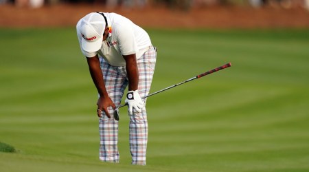 Anirban Lahiri, of India, reacts afteer missing a shot. (AP Photo/Gerald Herbert)


