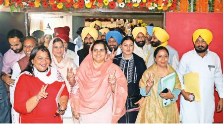 AAP MLAs during Oath taking of newly elected MLAs of 16th Punjab Legislative Assembly on Thursday at Vidhan Sabha in Chandigarh. Express Photo by Kamleshwar Singh