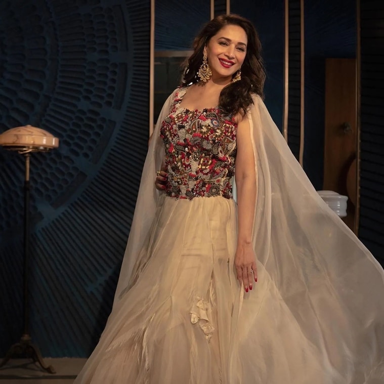 Madhuri Dixit Style White Gown style Suit | White gowns, Indian gowns  dresses, Designer dresses indian