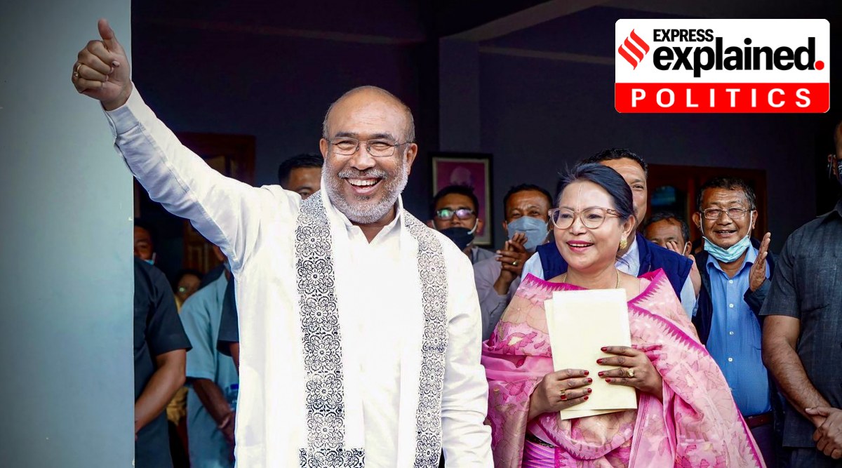 Chief Minister N. Biren Singh gestures after the party's victory in Assembly polls, outside of his residence, in Imphal, Thursday, March 10, 2022. (PTI Photo) 