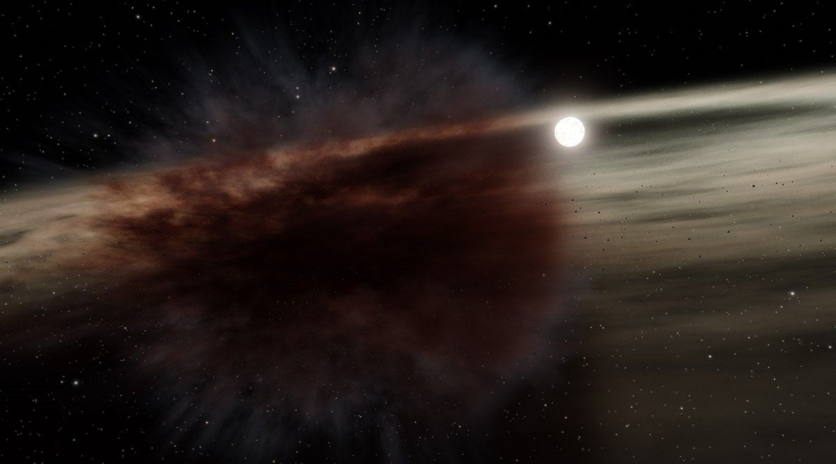 This illustration depicts the collision between two large asteroid-sized bodies, with a massive debris cloud around a young star. The Spitzer Space Telescope detected a cloud like this around HD 166191