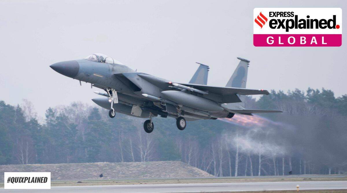 A US Air Force F-15C Eagle assigned to the 493rd Fighter Squadron, Royal Air Force (RAF) Lakenheath, takes off in support of North Atlantic Treaty Organization enhanced air policing missions with the Polish Air Force at Lask Air Base, Poland, Feb. 15, 2022. (Tech. Sgt. Jacob Albers/U.S. Air Force via AP)