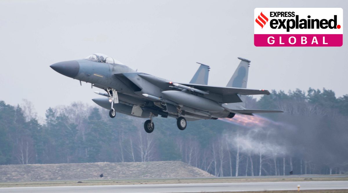A US Air Force F-15C Eagle assigned to the 493rd Fighter Squadron, Royal Air Force (RAF) Lakenheath, takes off in support of North Atlantic Treaty Organization enhanced air policing missions with the Polish Air Force at Lask Air Base, Poland, Feb. 15, 2022. (Tech. Sgt. Jacob Albers/U.S. Air Force via AP)
