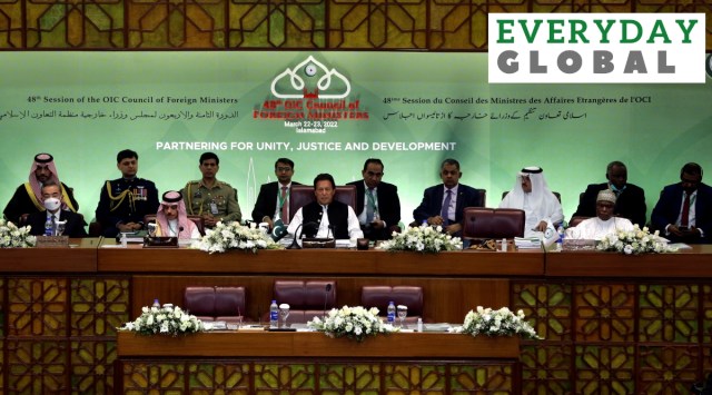 Pakistan's Prime Minister Imran Khan, center, attend at the start of a two-day gathering of the 57-member Organization of Islamic Cooperation, at the Parliament House in Islamabad, Pakistan, Tuesday, March 22, 2022. (AP)