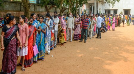 Bhubaneswar: People stand in a queue to cast their votes for the Urban Local Body (ULB) polls at a polling centre, in Bhubaneswar, Thursday. (PTI Photo)