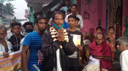 Dinabandhu Das (52) was elected as the sarpanch in Gangadhani panchayat, Ganjam. (Express photo)
